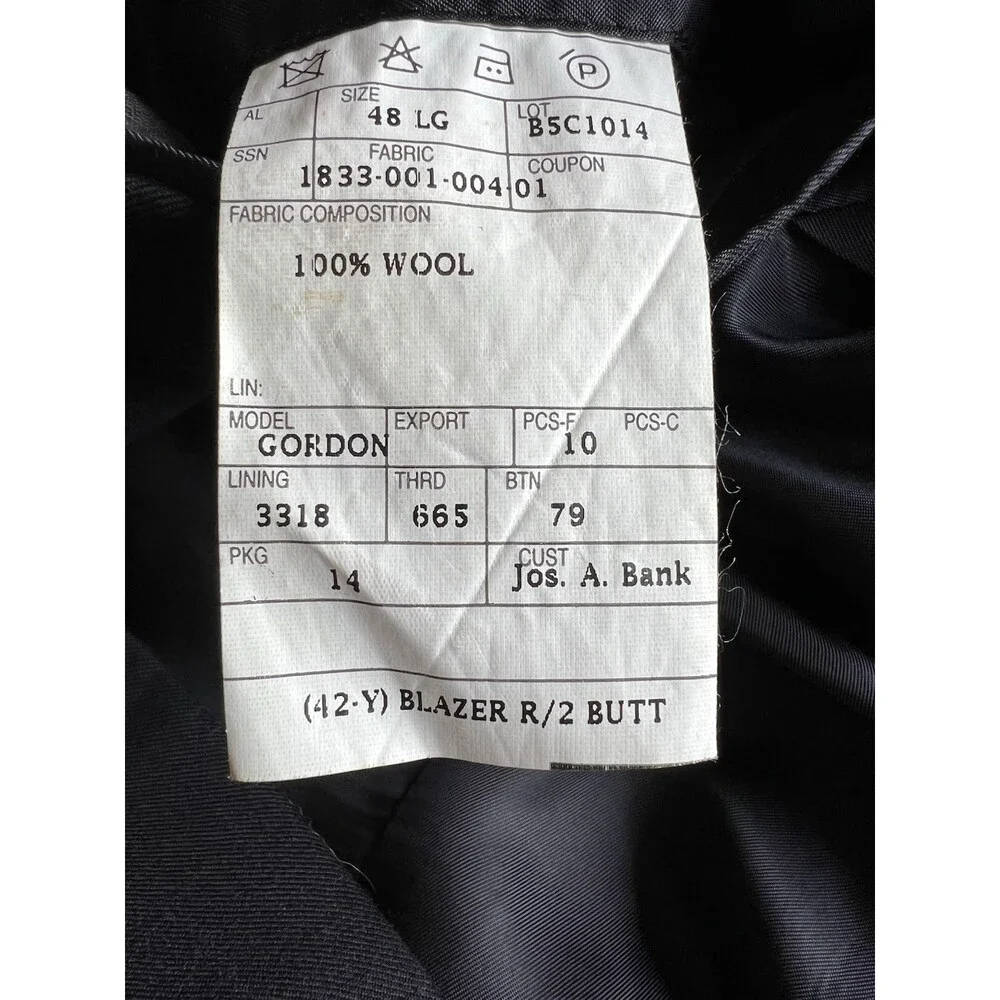 Jos A Bank Men's Worsted 100% Wool Blazer Jacket  2 Button Black 48L